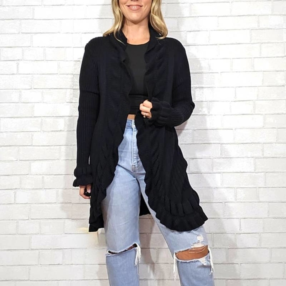 Matilda Jane Black Ruffle Open Cardigan Sweater